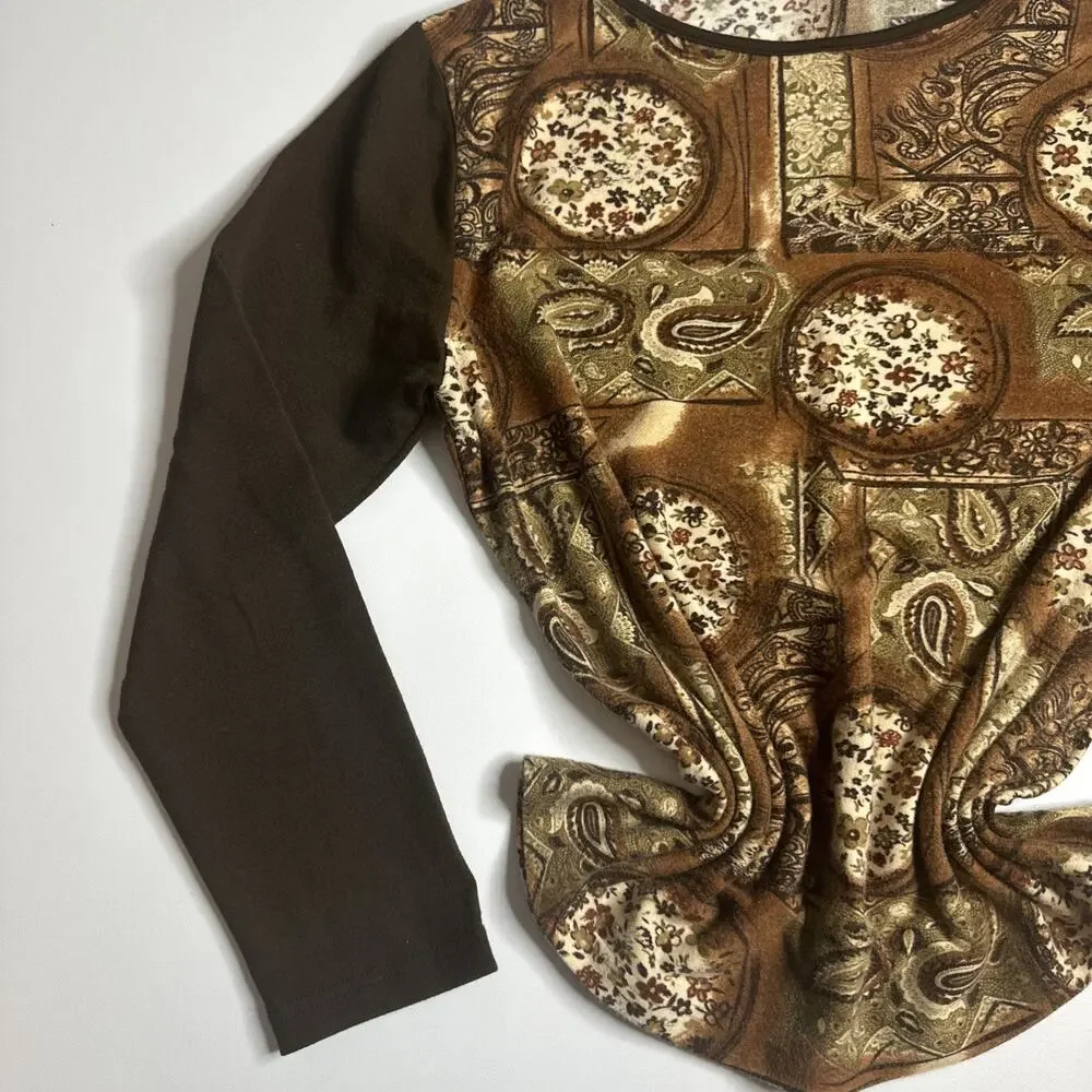 Vintage Y2K Brown Baroque Paisley Top M Whimsigoth Fairy Grunge Long Sleeve Boho
